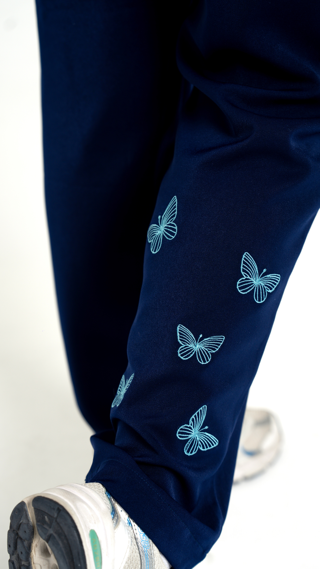 Navy Blue Butterfly Embroidered Medical Scrub Set – Women’s V-Neck Top Side zipper & Pants