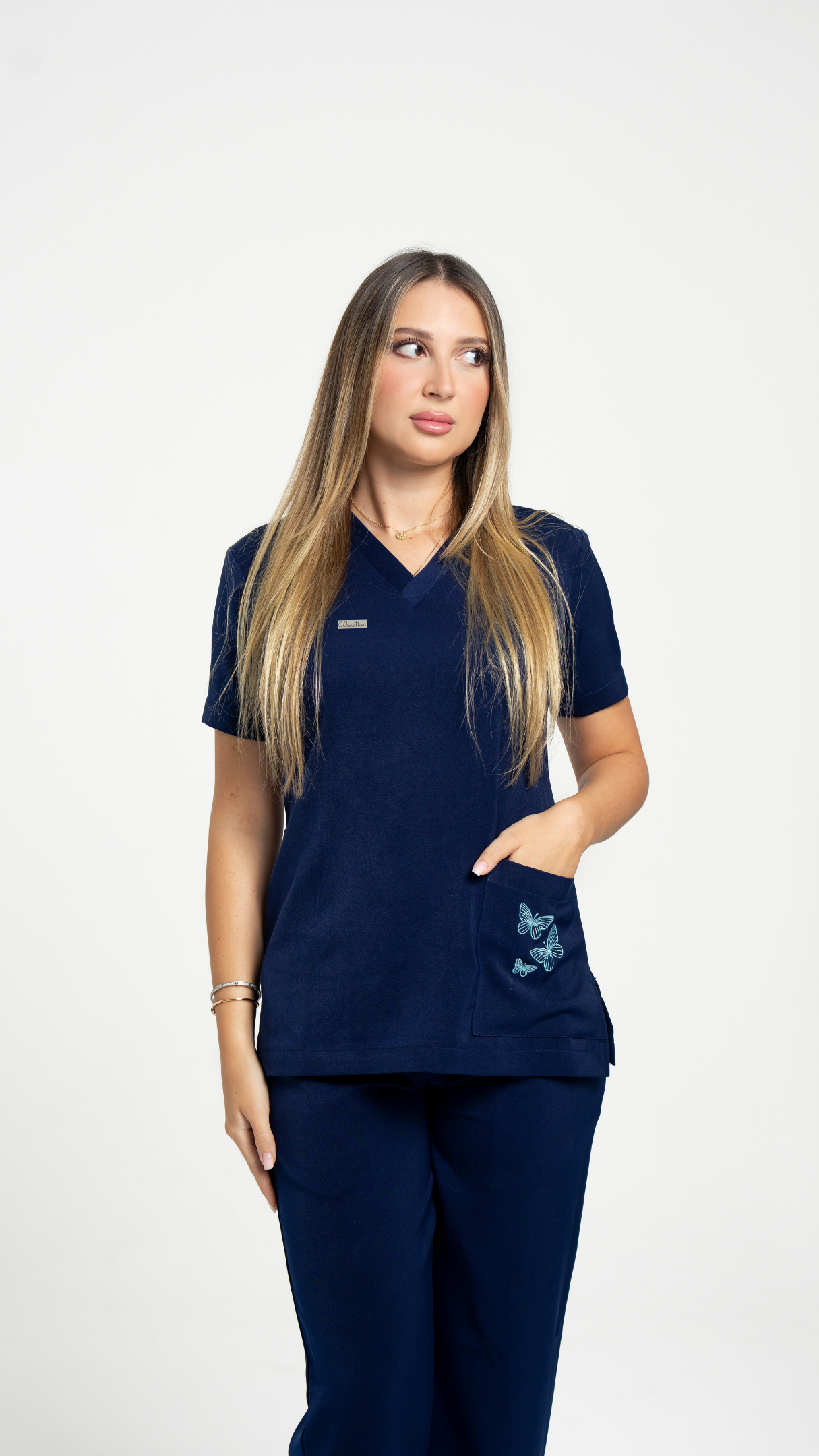 Navy Blue Butterfly Embroidered Medical Scrub Set – Women’s V-Neck Top Side zipper & Pants