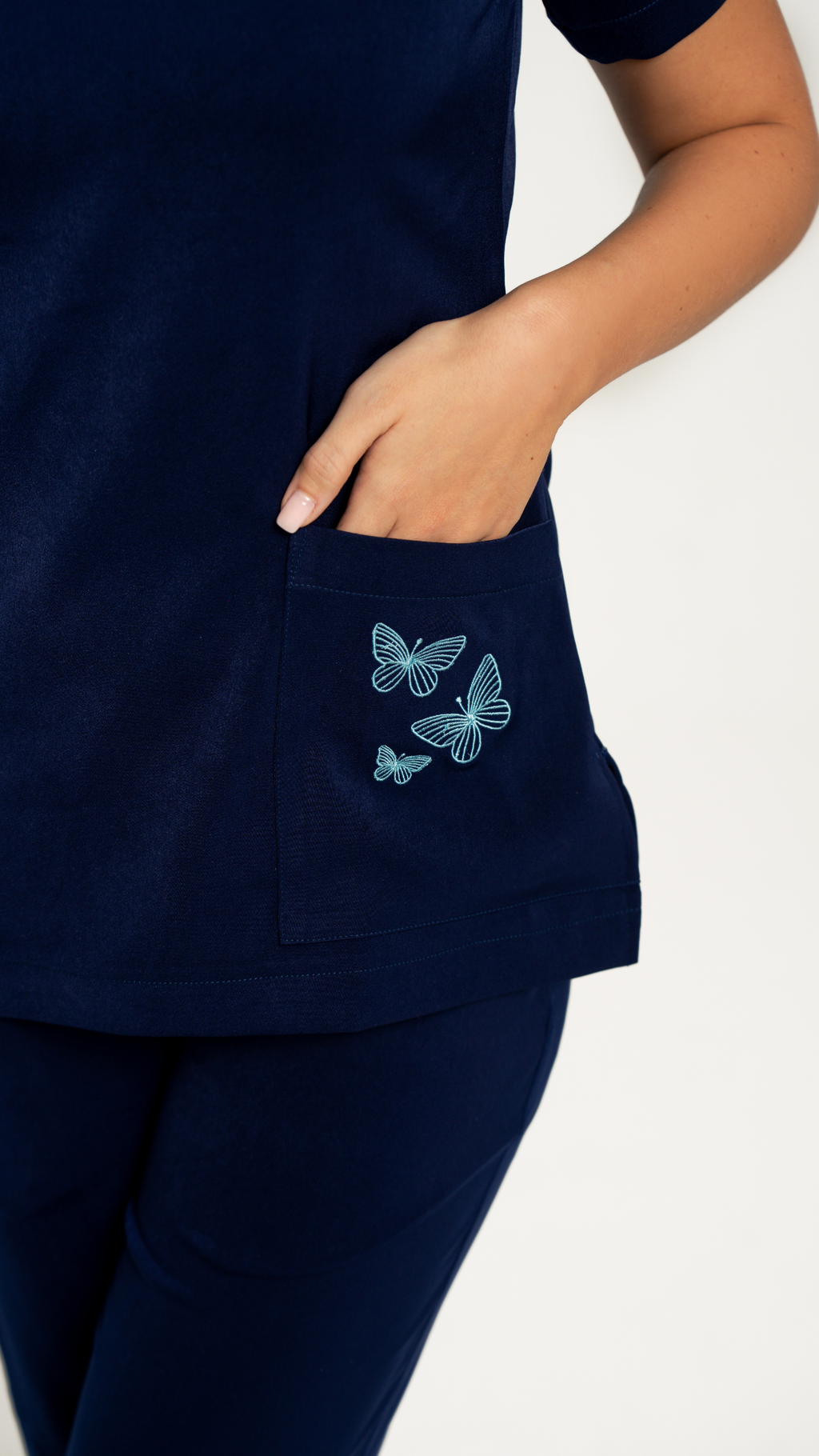 Navy Blue Butterfly Embroidered Medical Scrub Set – Women’s V-Neck Top Side zipper & Pants