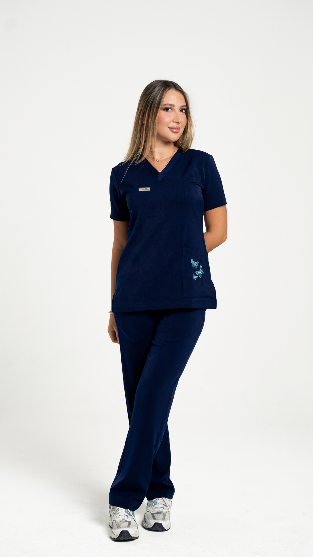 Navy Blue Butterfly Embroidered Medical Scrub Set – Women’s V-Neck Top Side zipper & Pants
