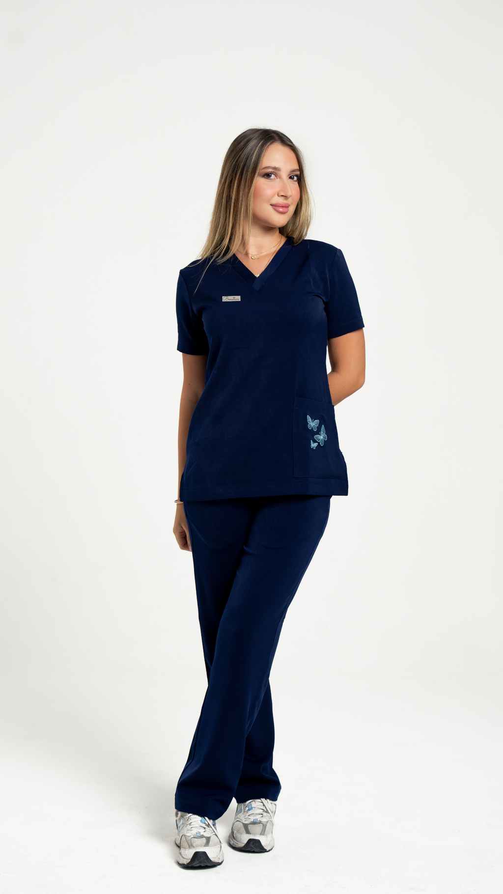 Navy Blue Butterfly Embroidered Medical Scrub Set – Women’s V-Neck Top Side zipper & Pants