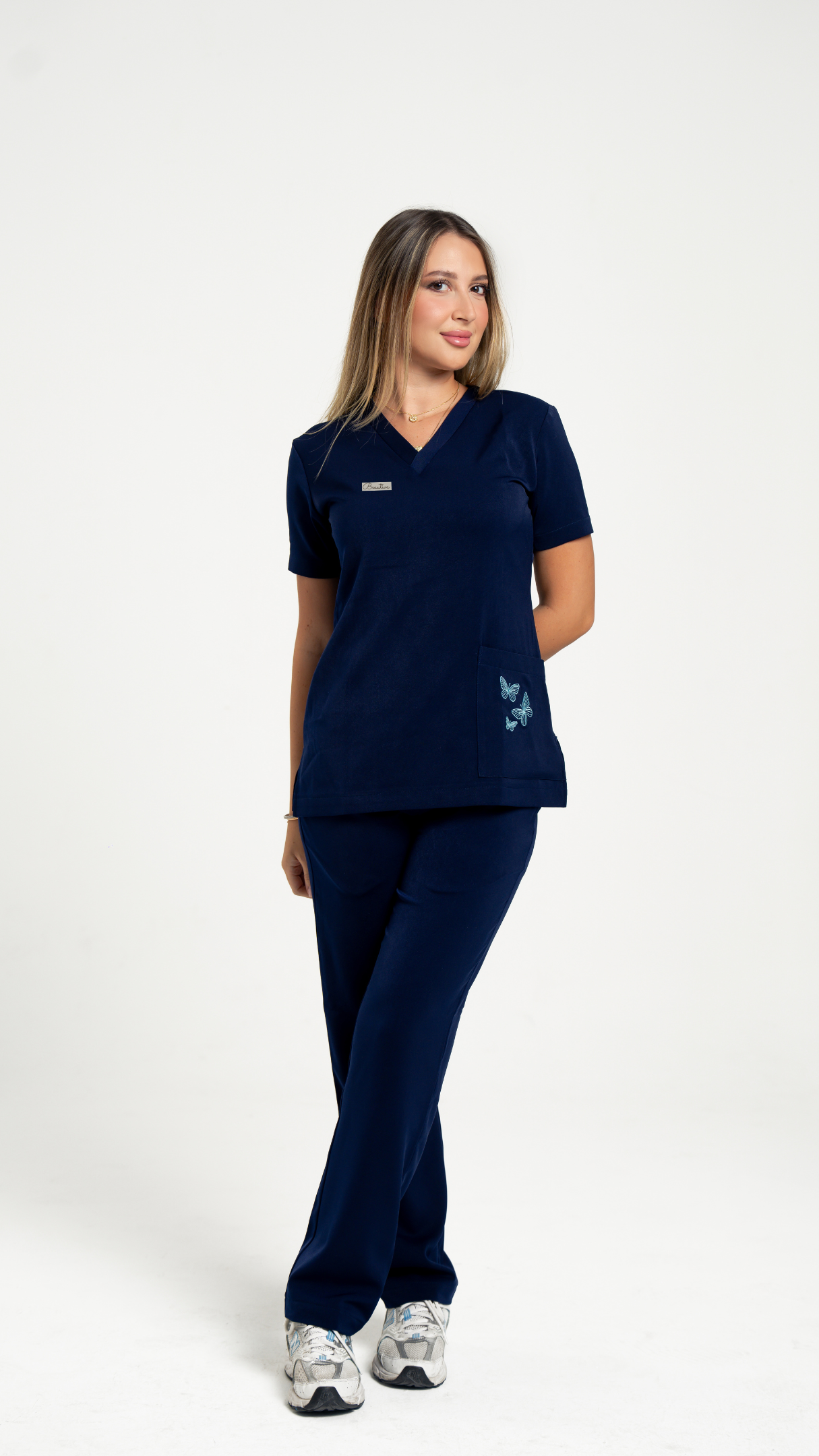 Navy Blue Butterfly Embroidered Medical Scrub Set – Women’s V-Neck Top Side zipper & Pants