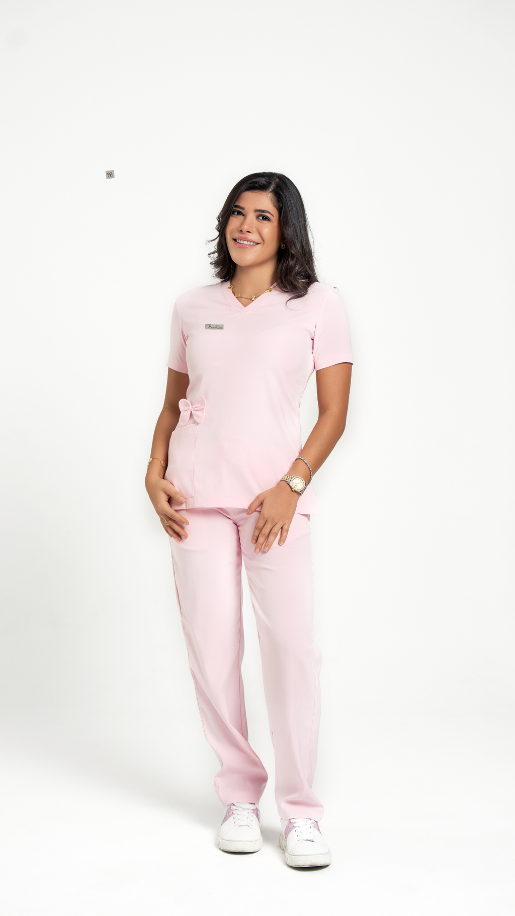 Bow Accent Medical Scrub Set – Women’s V-Neck Top Side zipper& Pants