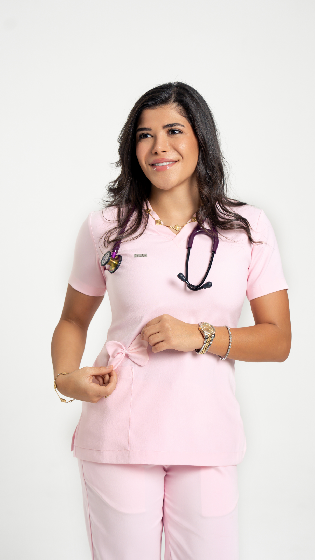 Bow Accent Medical Scrub Set – Women’s V-Neck Top Side zipper& Pants