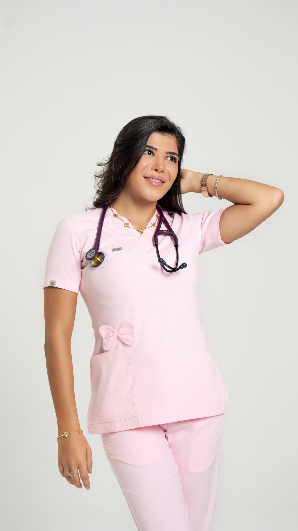 Bow Accent Medical Scrub Set – Women’s V-Neck Top Side zipper& Pants